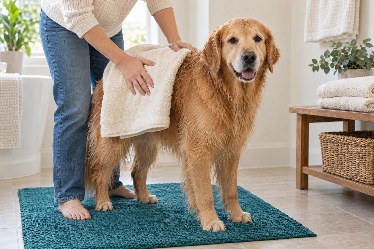A relaxed golden retriever is gently towel-dried on a nonslip mat.