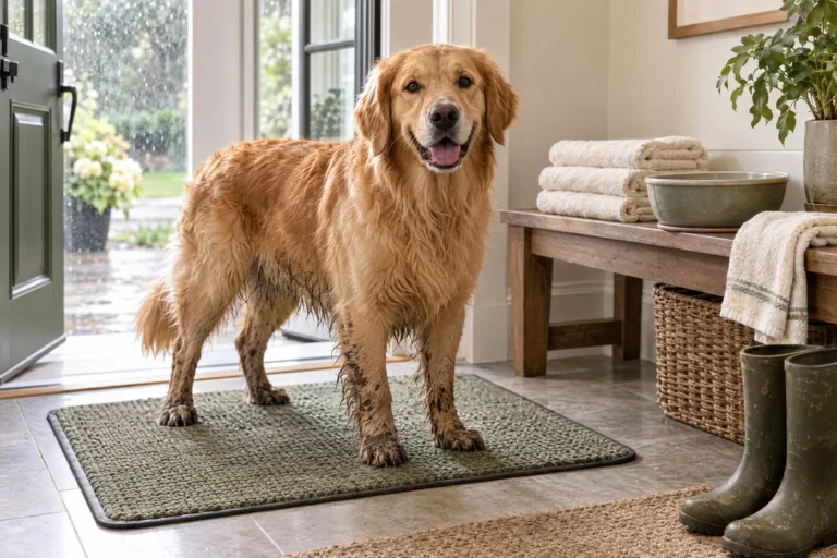 Golden retriever with muddy lower legs standing on an entryway mat beside towels and a basin.