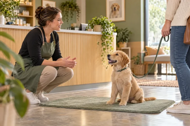 Golden puppy sitting on a floor mat during a first consultation with an owner and groomer.
