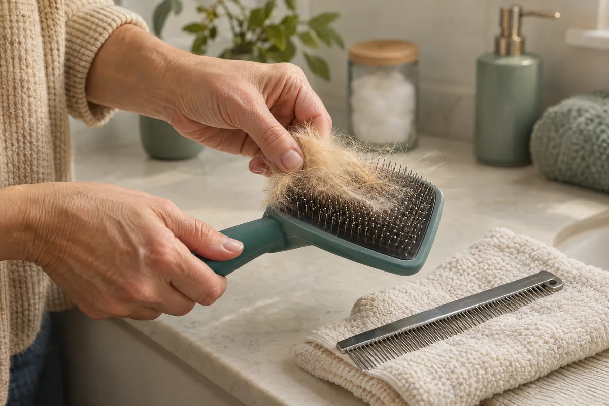 Hands gently lifting loose golden fur from a dry teal slicker brush, with a stainless steel comb on a cream towel