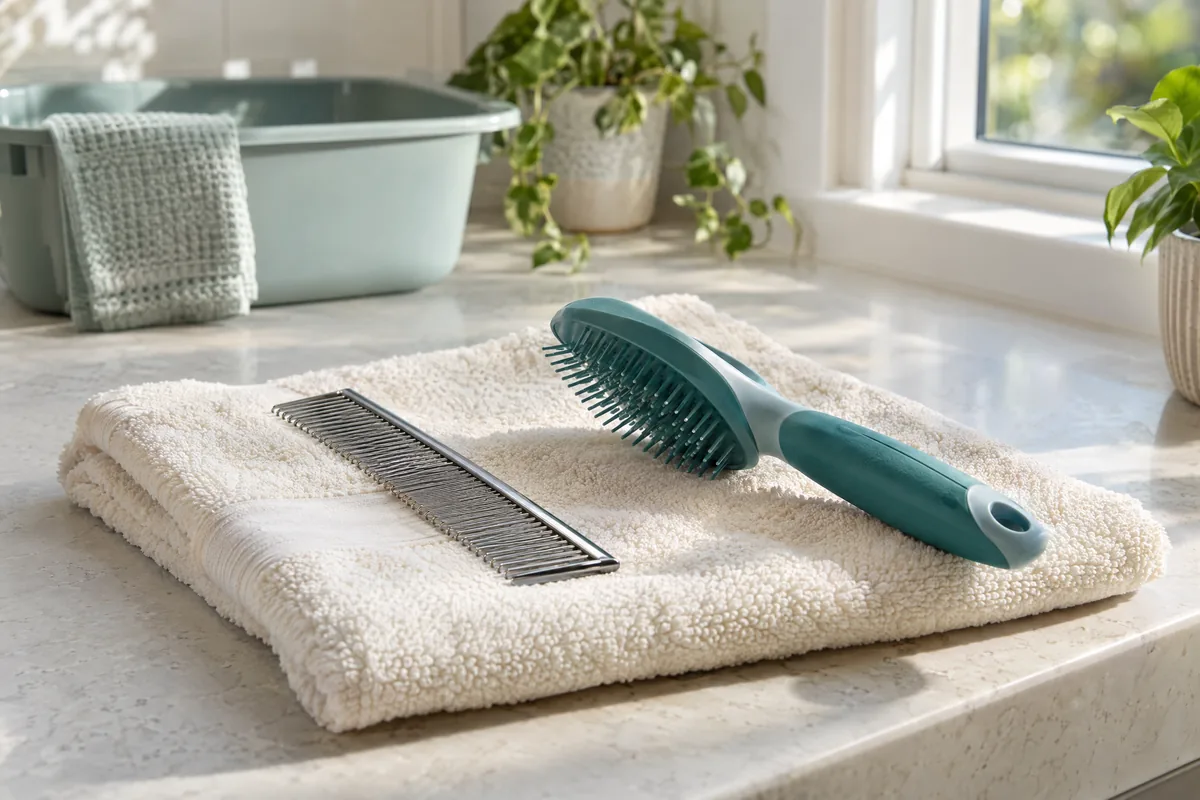 Stainless steel comb and teal grooming brush air-drying separately on a clean cream towel beside a window