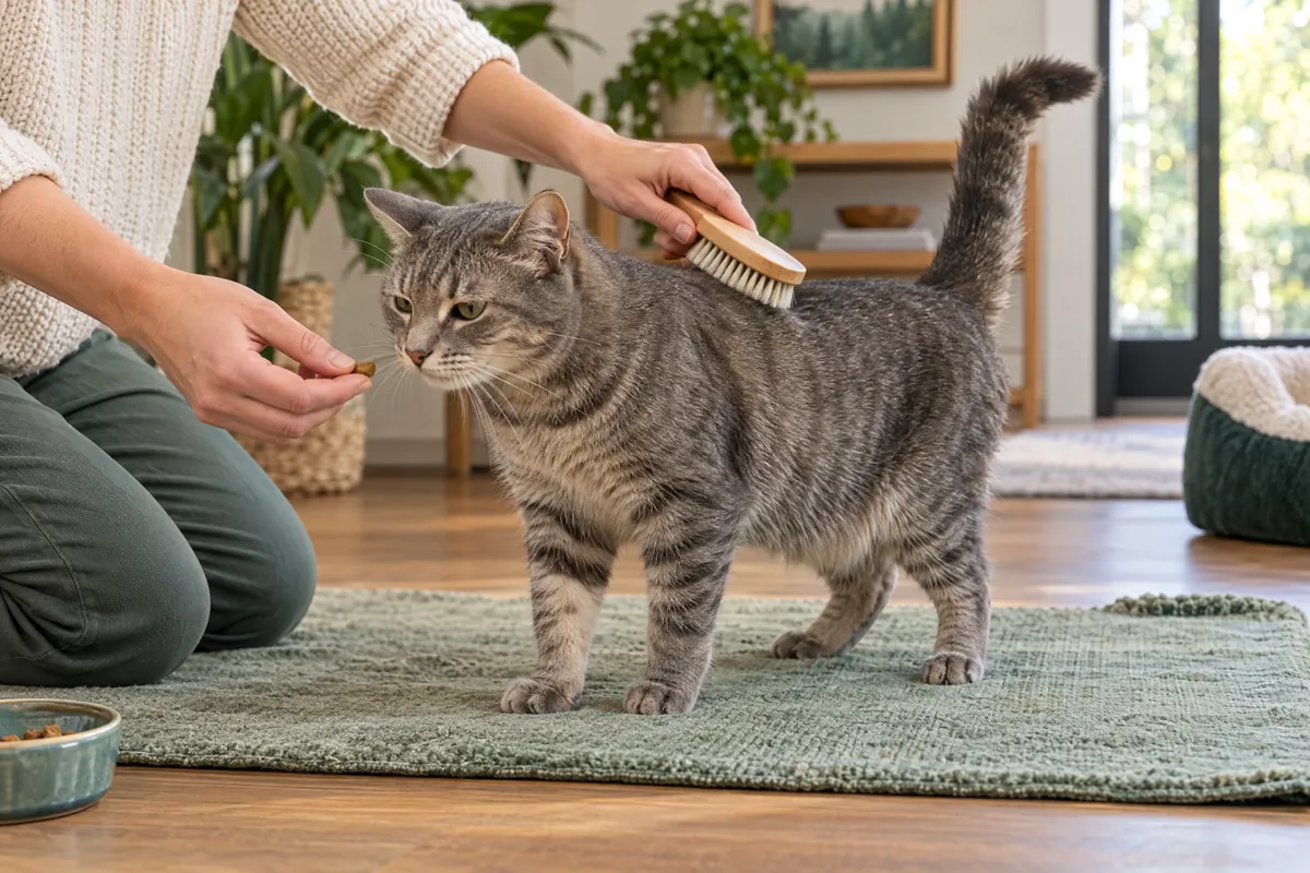 Gray tabby receiving a gentle brush stroke along its back while being offered a small treat.