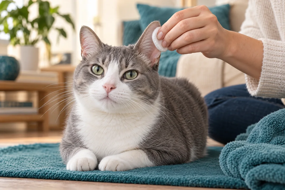 A person gently wipes a cat’s visible outer ear flap with a cotton pad; no tool or pad enters the ear canal.