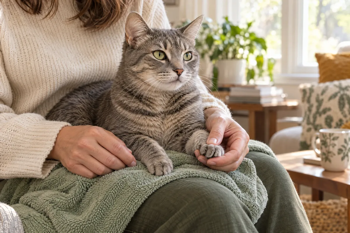 Gray tabby resting on an owner’s lap while one front paw is gently supported.