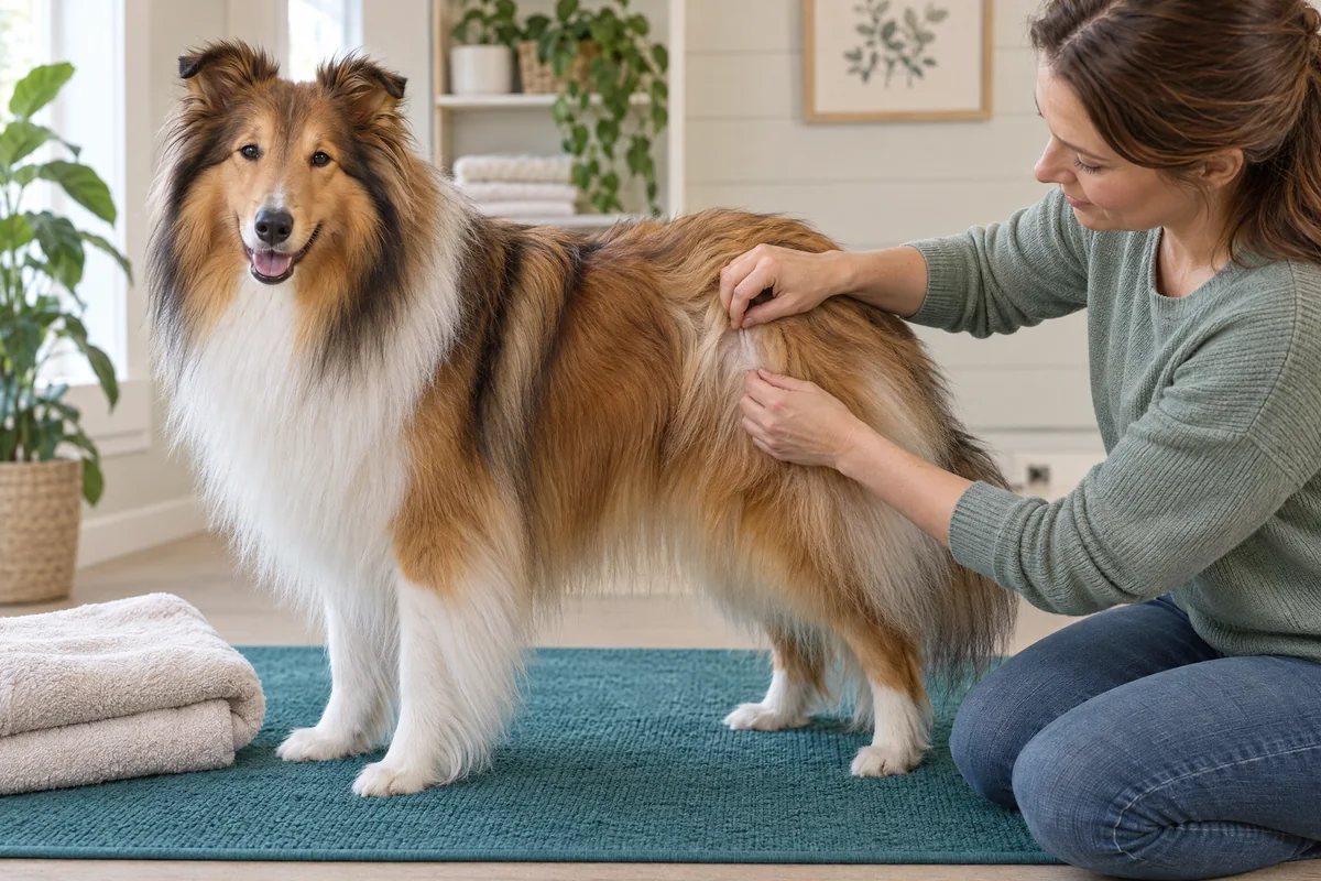 A woman gently checks the coat of a long-haired dog while it stands on a mat.