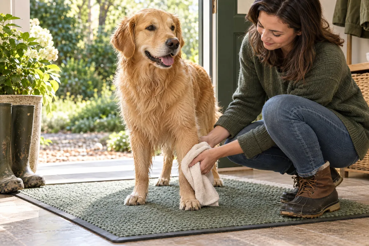 Owner gently patting a golden retriever’s lower front leg with a towel while the dog stands on a mat.