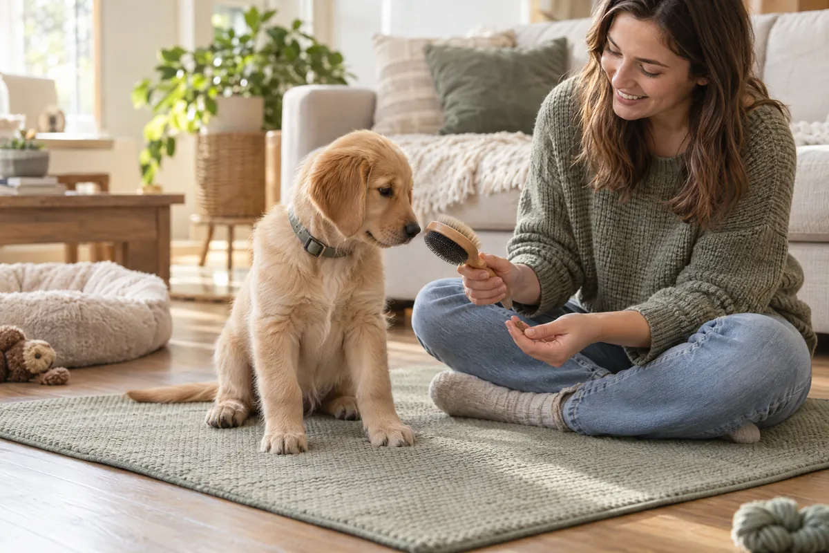 Owner offering a small treat while a puppy calmly investigates a grooming brush at home.