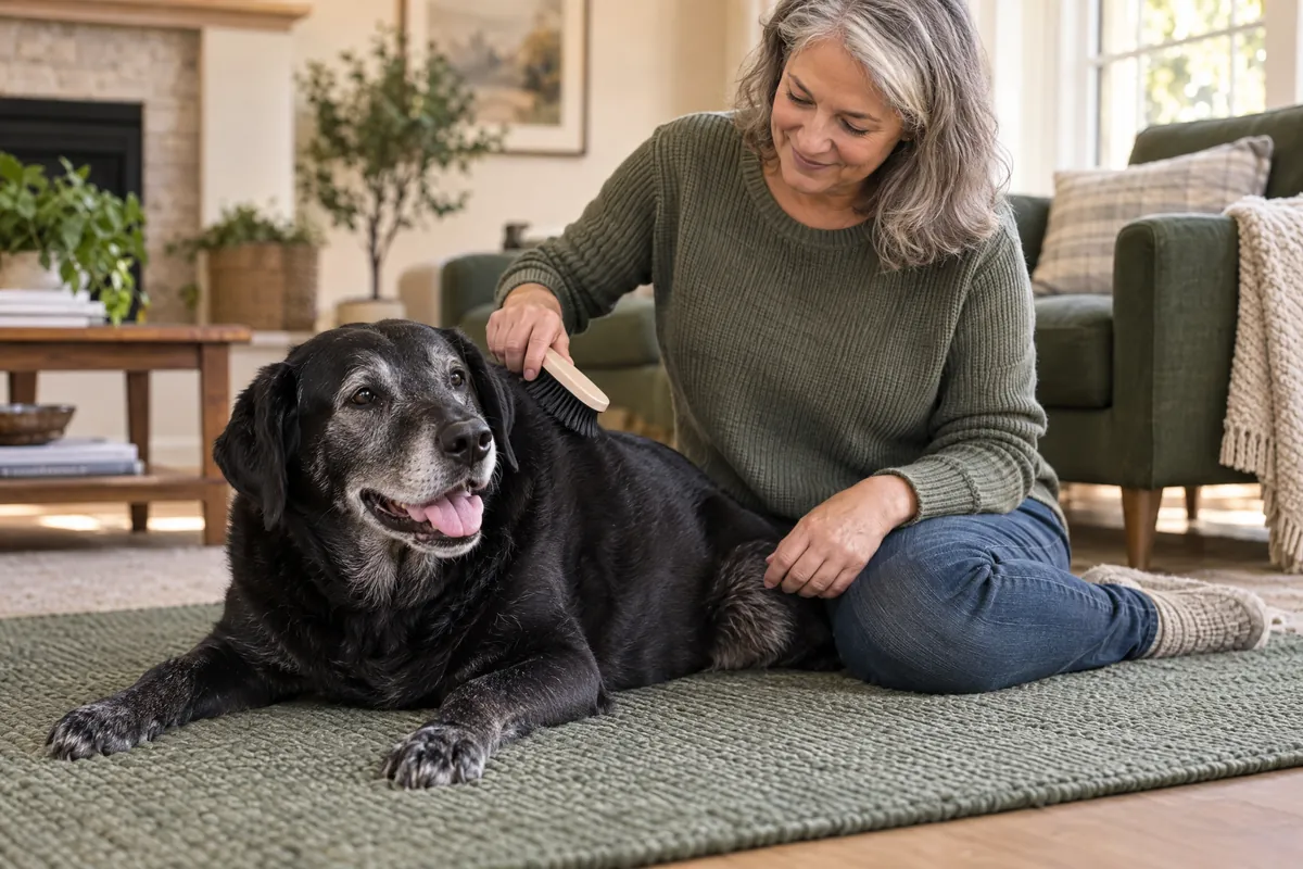 Person gently brushing an older black dog while the dog lies on a mat.